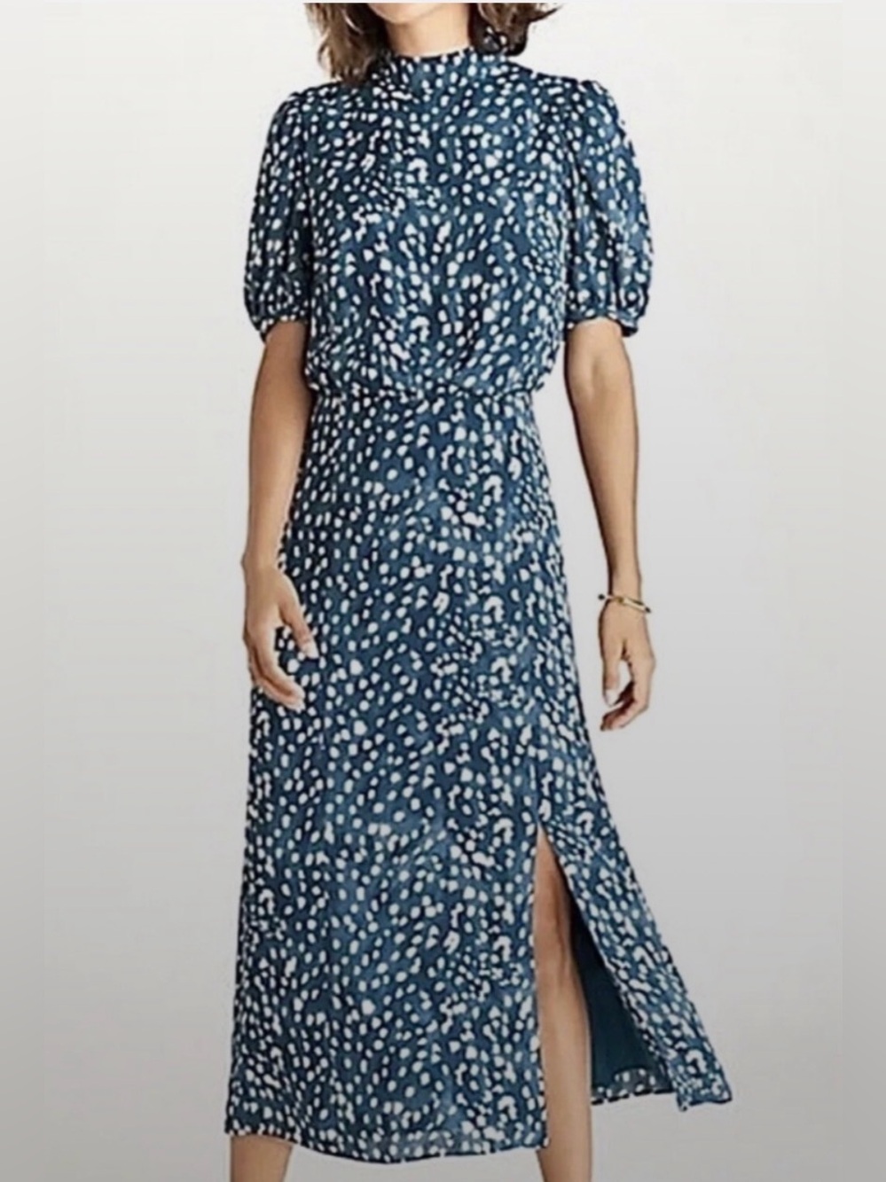 Ann Taylor Teal Cream Animal Print Midi Dress Puff Sleeve Lined Elegant Vacation